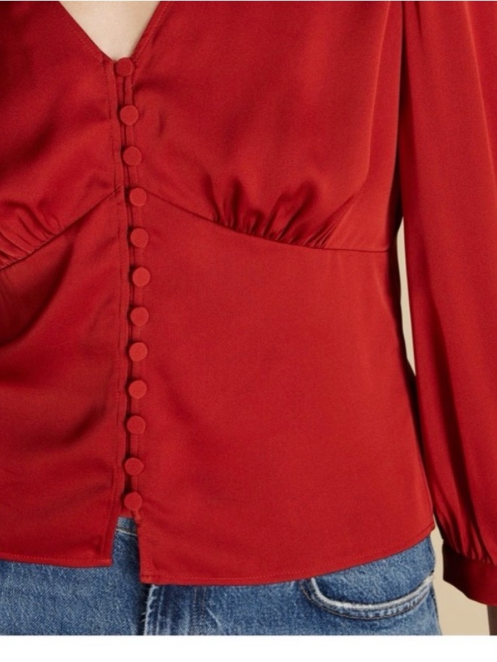 Boho Silk Amour Vert Crimson Red V-Neck Button-Up Blouse - Picture 2 of 6